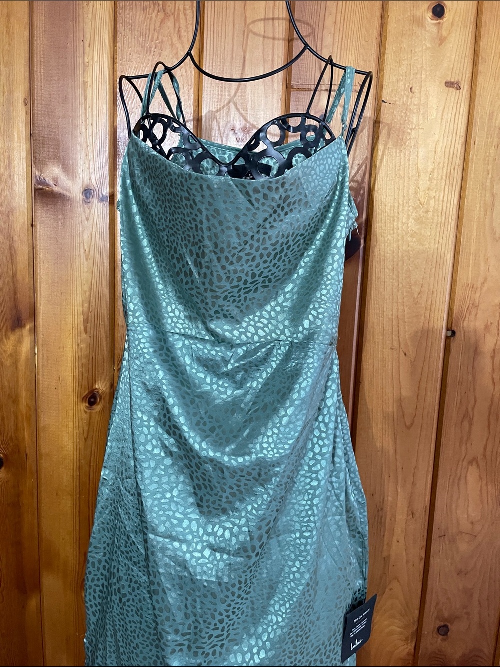 Total Stunner Sage Green Satin Jacquard Cowl Neck Midi Dress size small - Picture 4 of 12